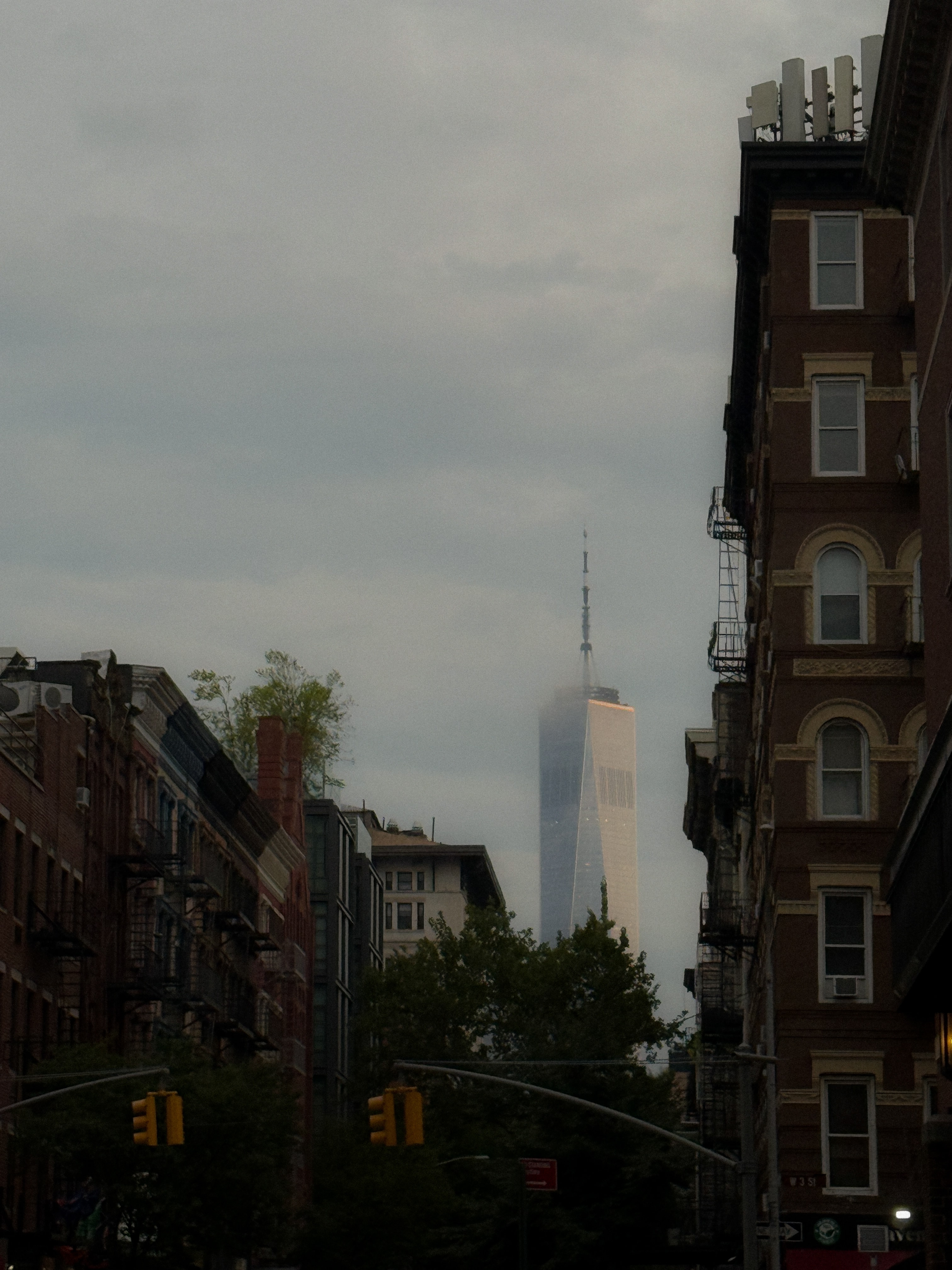 One World Trade Center seen through a rainy Washington Square Park.